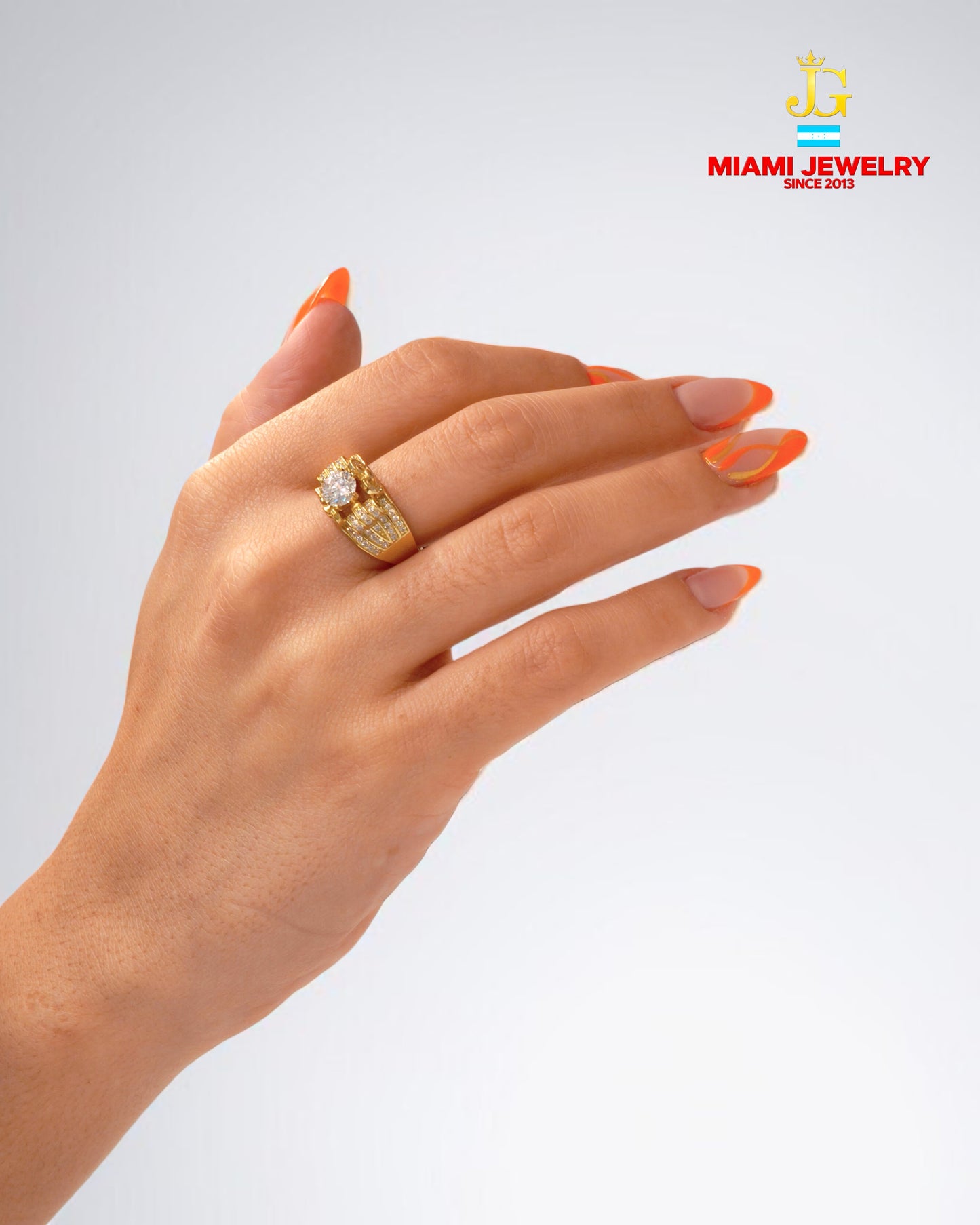 Solid 14k yellow gold wedding ring white-zirconia gemstones.