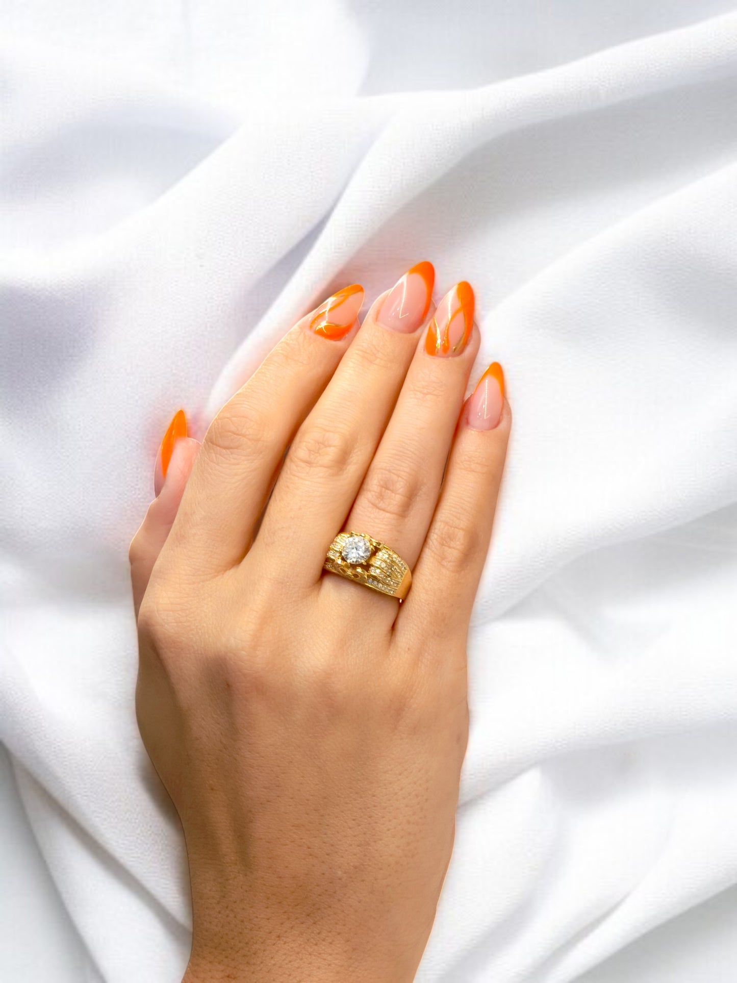 Solid 14k yellow gold wedding ring white-zirconia gemstones.