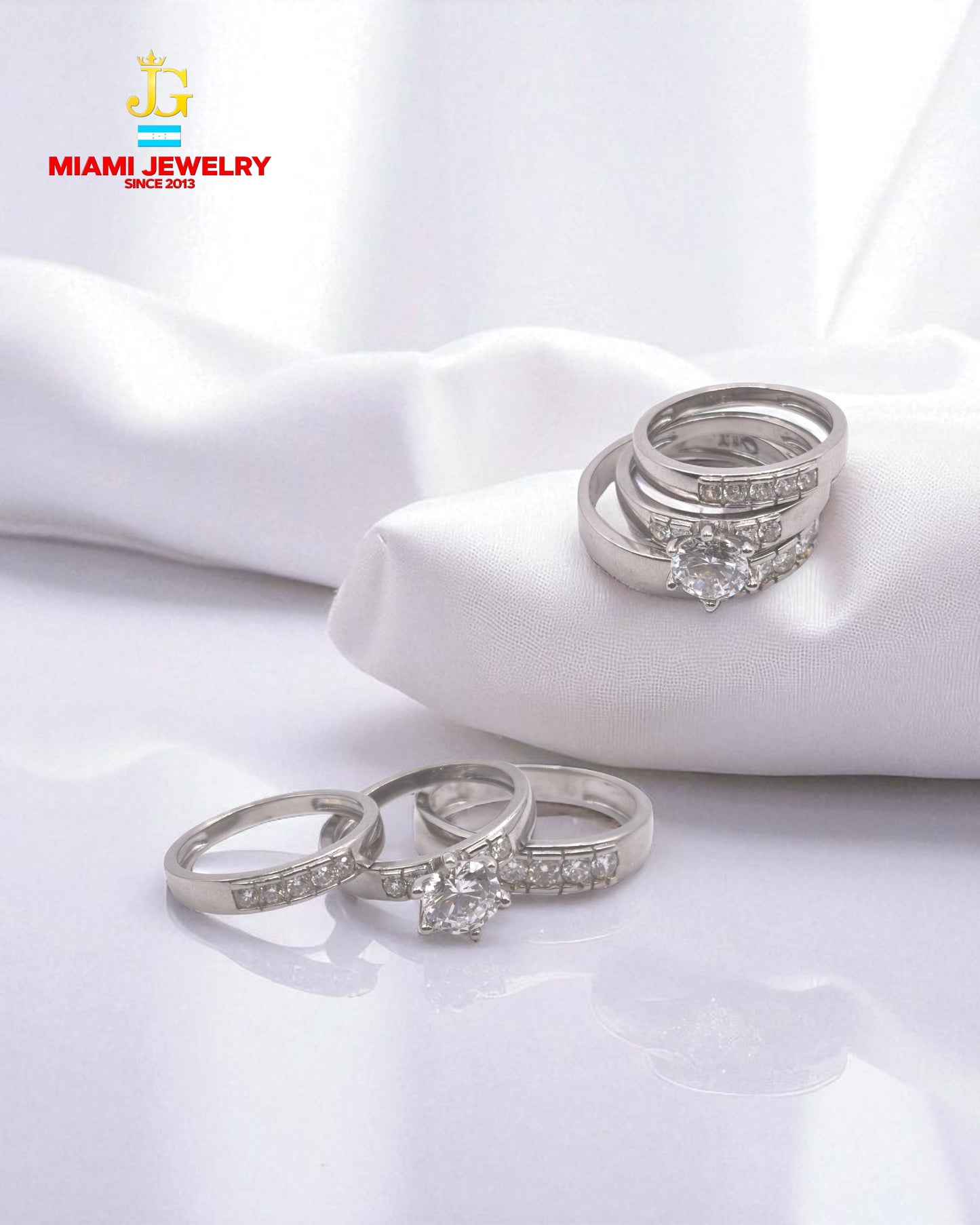 14k white gold wedding ring set for men and women.