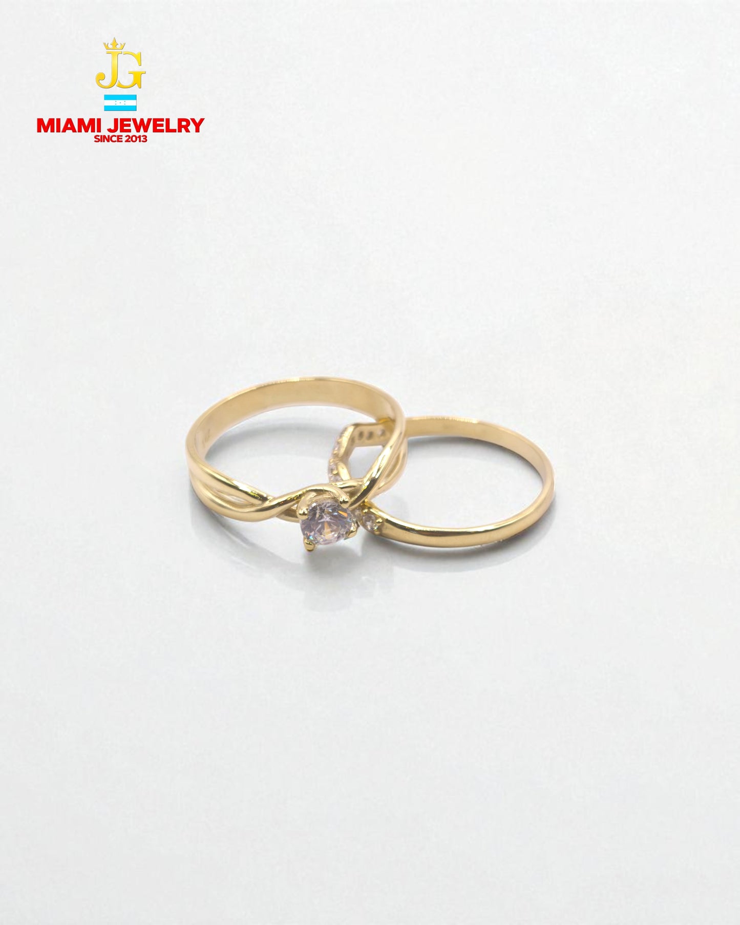 Solid 14k yellow gold wedding ring set for women.