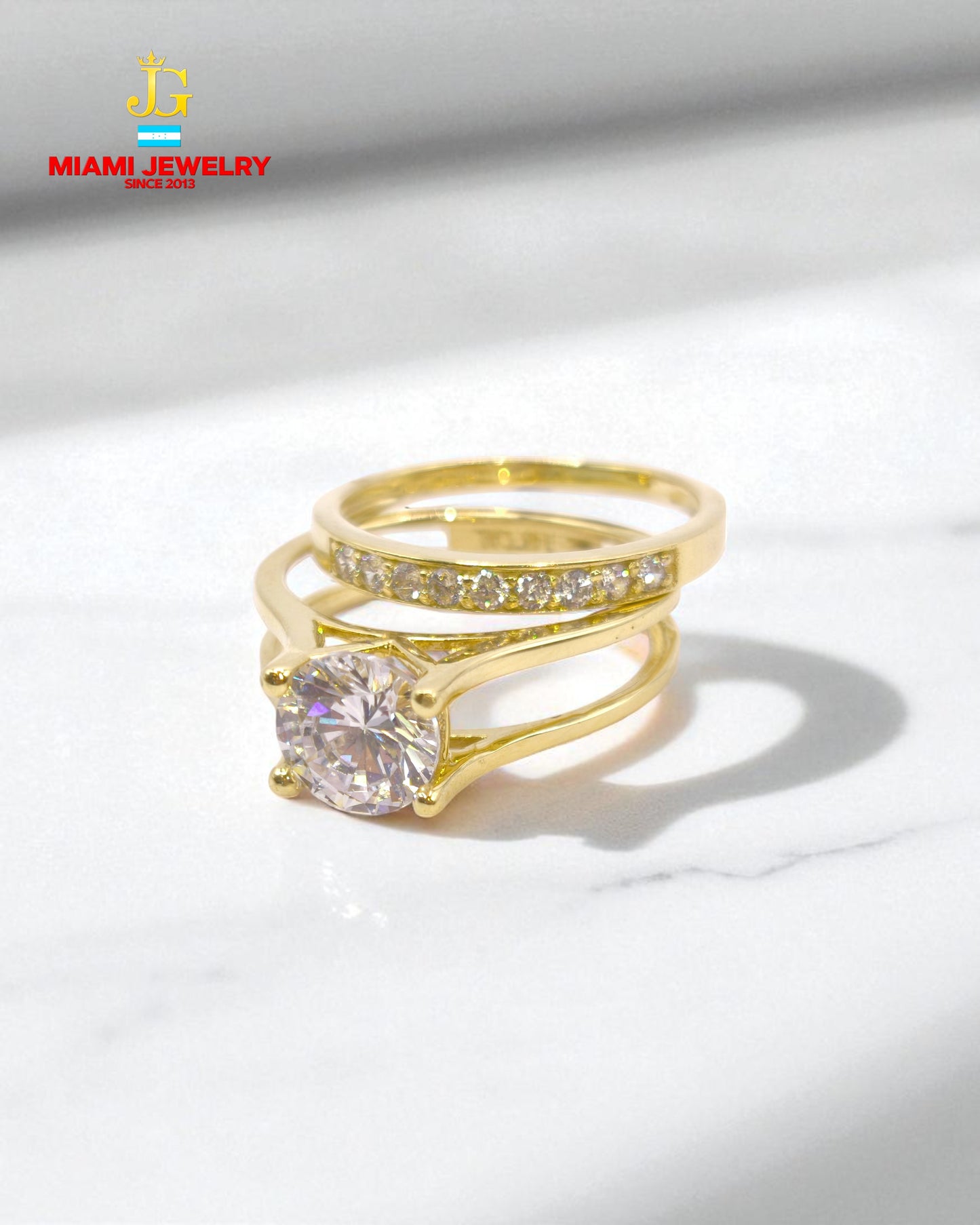 Solid 14k yellow gold wedding ring set for women.