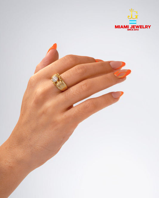 Solid 14k yellow gold wedding ring white-zirconia gemstones.