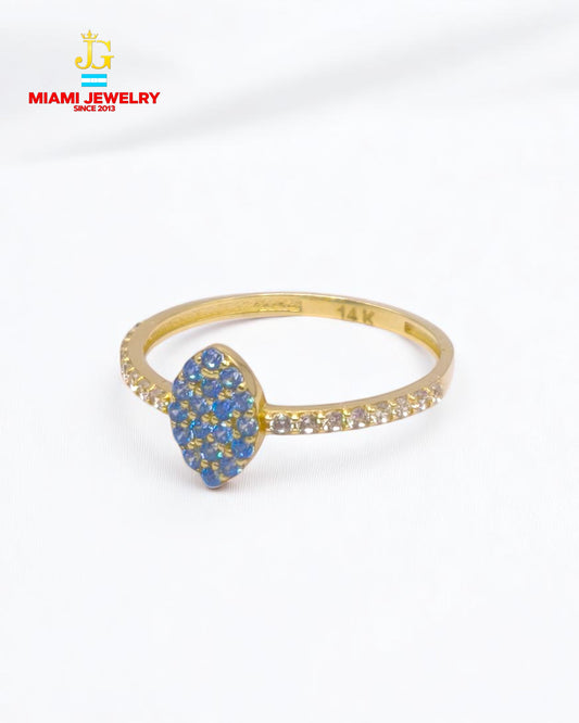 Solid 14k yellow gold with white-blue zirconia gemstones.