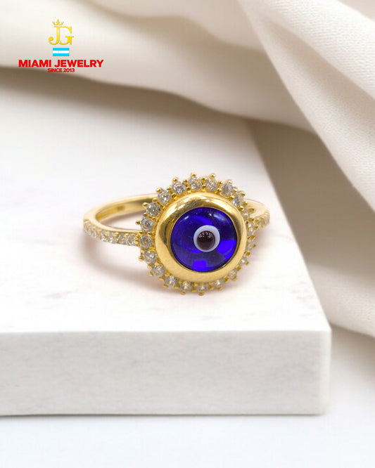 Evil eye solid 14k yellow gold white-zirconia gemstones.