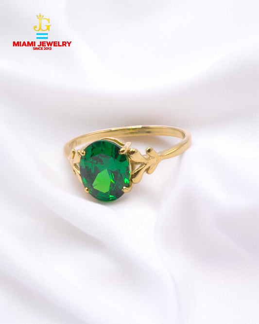 14k solid yellow gold oval-cut emerald green gemstone.