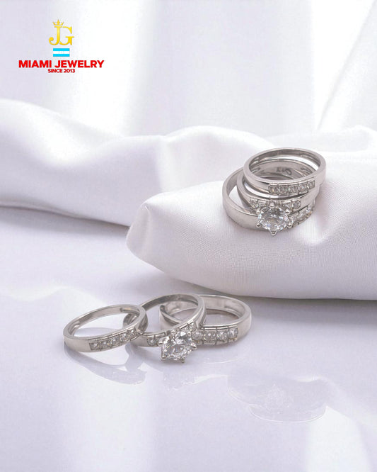 14k white gold wedding ring set for men and women.