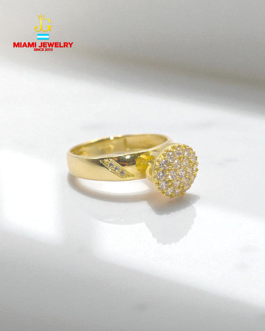 Solid 14k yellow gold wedding ring with white zirconia gemstones.
