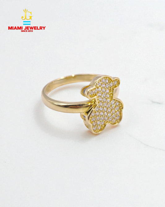 14k yellow gold bear ring with white gemstones