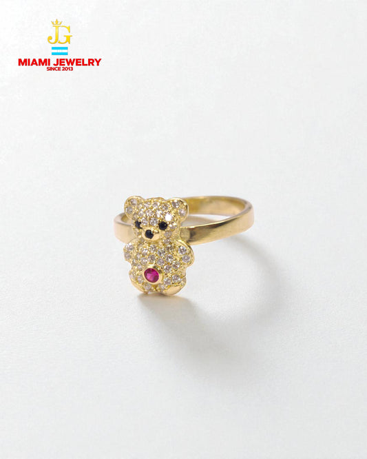 14k yellow gold bear ring with white gemstones