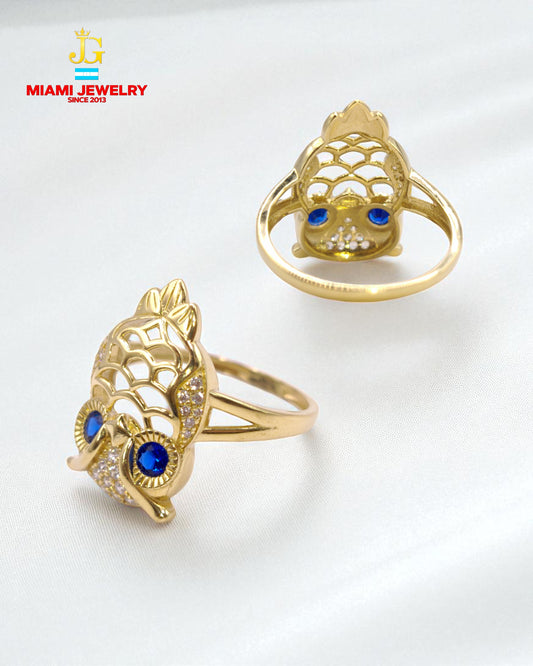 14k yellow gold owl ring.